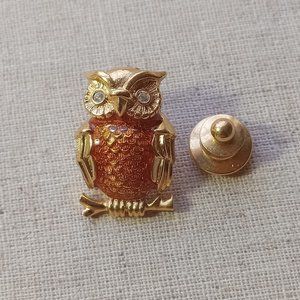 Vintage Guilloche Enamel Owl Tack Pin Brooch Goldtone and Orange